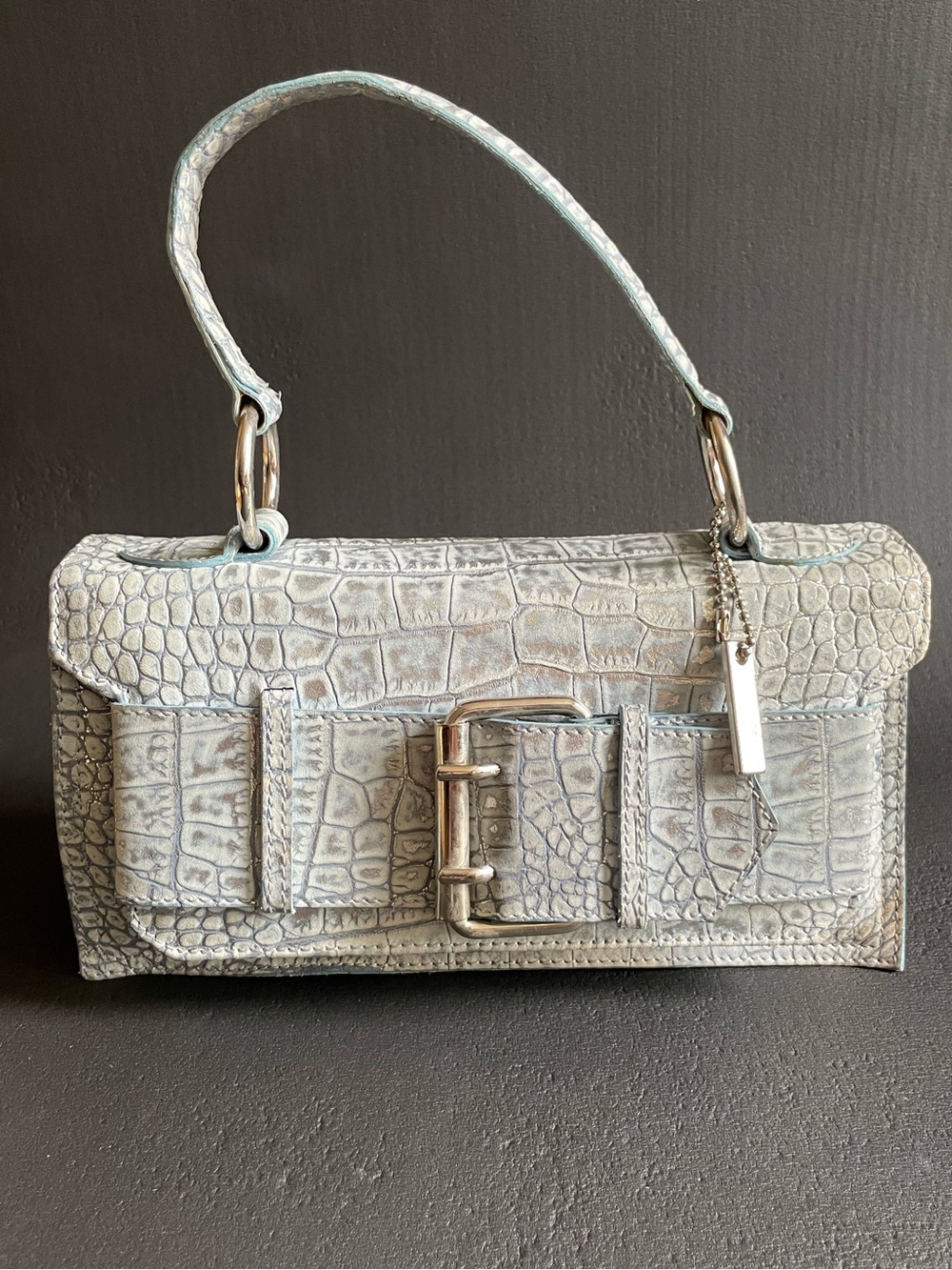 Vintage Y2K TOSCA BLU Italy Croc-Embossed genuine Leather Shoulder Bag Baguette